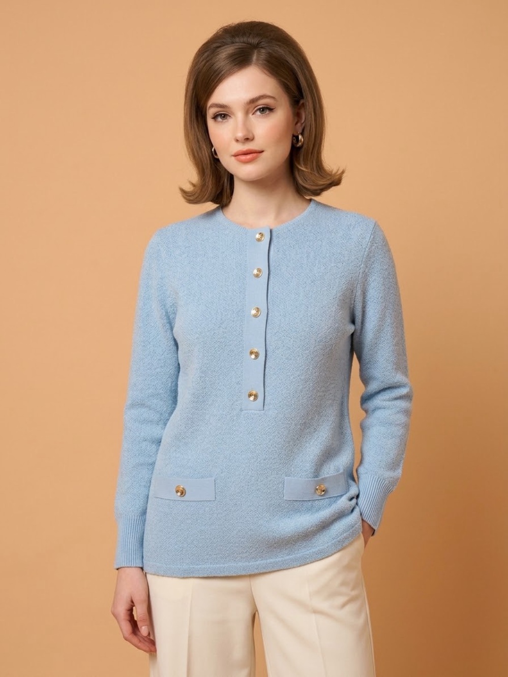 Vintage 70s Castleberry Knit Henly Tunic Top Light Blue Gold Buttons Size M / L